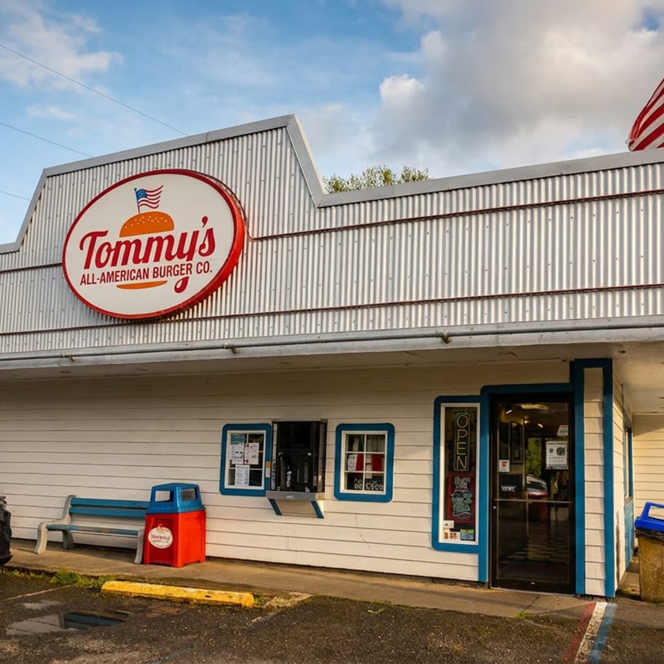 Tommy's All-American Burger Co. exterior with an American flag, drive-thru, and outdoor seating.