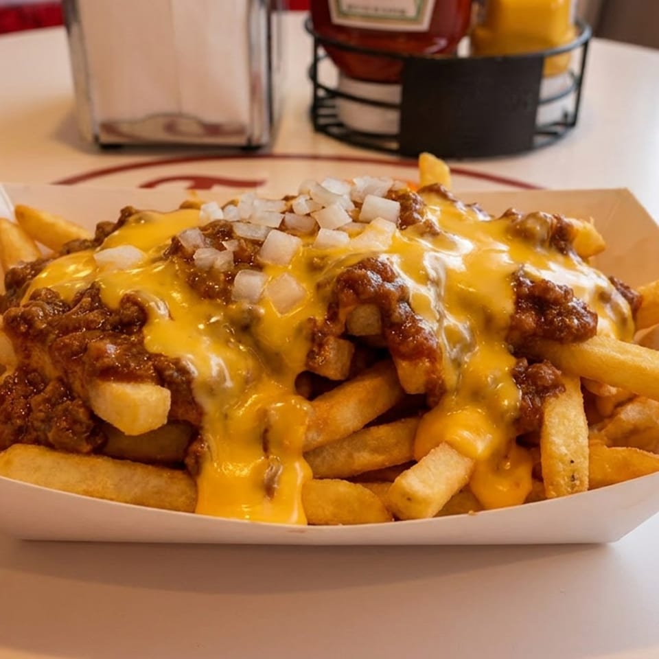Golden chili cheese fries topped with diced onions in a paper tray on a white table.