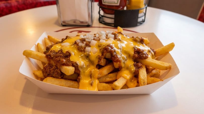 Golden chili cheese fries topped with diced onions in a paper tray on a white table.