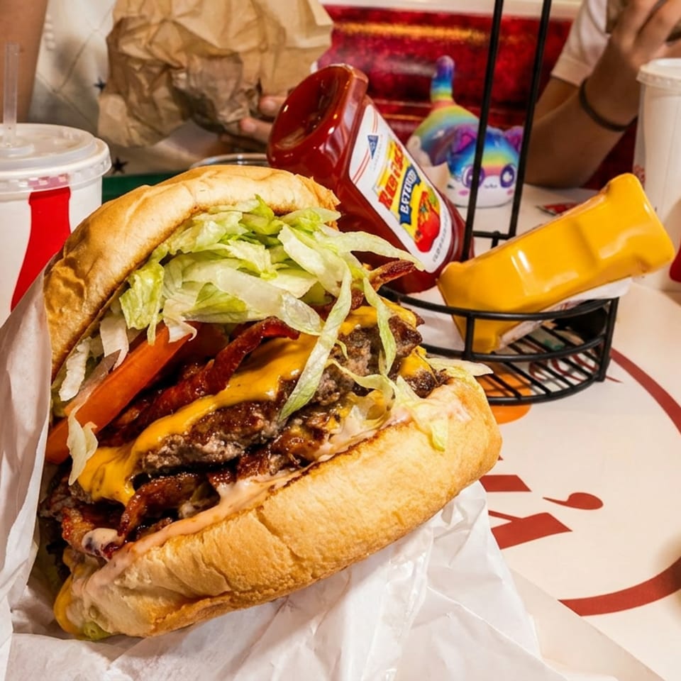 A large double cheeseburger with bacon, lettuce, and tomato on a restaurant table with drinks and condiments.
