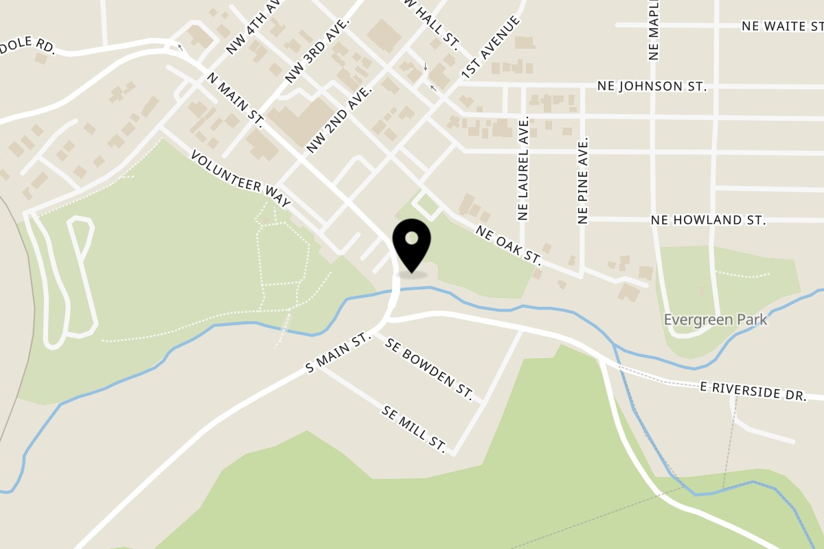 Map showing the location of Tommy's All American Burgers on 151 S Main St in Myrtle Creek
